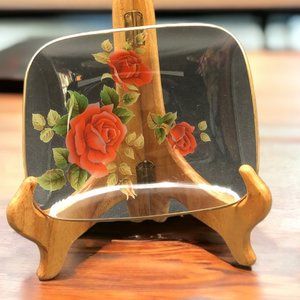 Vintage Pilkington Chance Clear Glass Plate Red Roses Gold Rim Dish